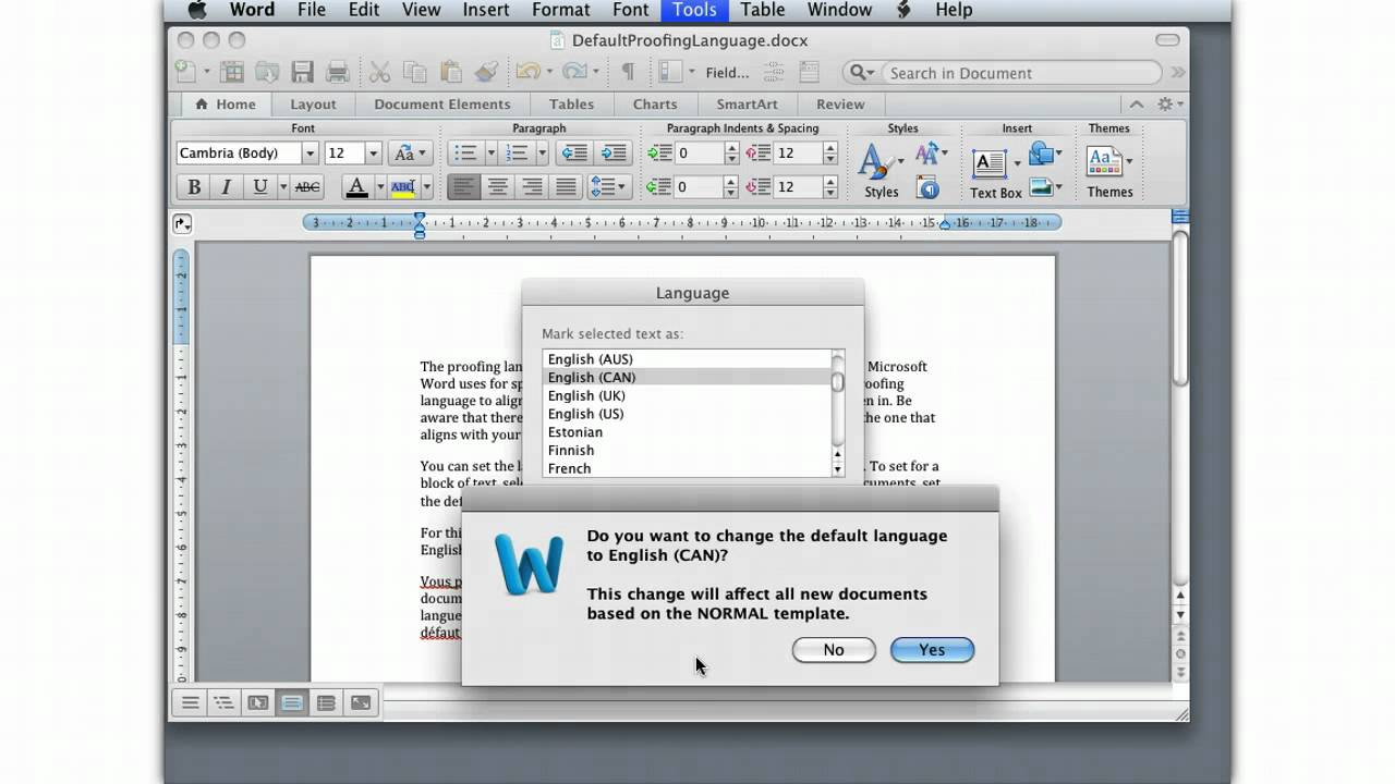 change dictionary language in word for mac